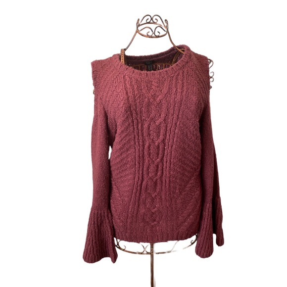 G.I.L.I. Got It Love It Cold Shoulder Burgundy Sweater with Bell Sleeves Small - Picture 3 of 12
